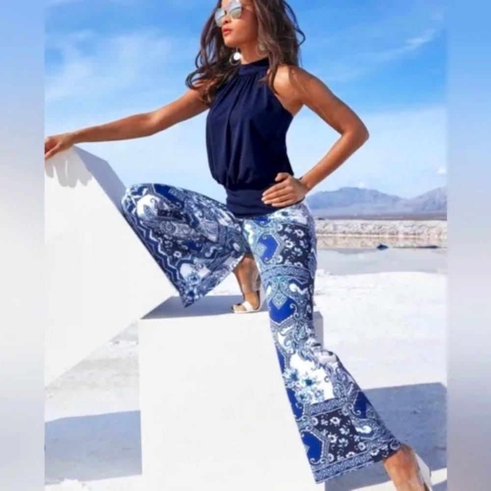 NWT BOSTON PROPER Blue Paisley Tile Print Palazzo Pants XXS